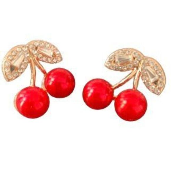 Sweet Red Cherry Earrings Summer Fruit Salad Crystal Cubic Zirconia Drop NEW - Picture 1 of 9